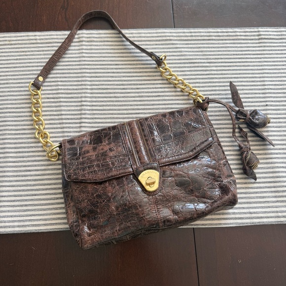Brahmin Shoulder Bag Brown Gold Chain Rose Bag Charm Purple Interior - Picture 1 of 14